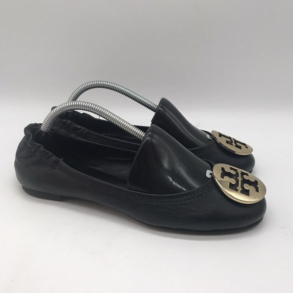 Tory Burch Classic Reva Butter Soft Leather Black Gold Ballet Flats Women's 6.5M